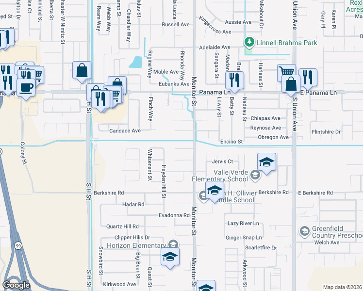 map of restaurants, bars, coffee shops, grocery stores, and more near 916 Arnott Court in Bakersfield