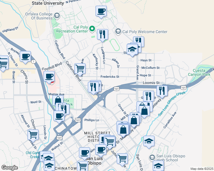 map of restaurants, bars, coffee shops, grocery stores, and more near 1377 Stafford Street in San Luis Obispo