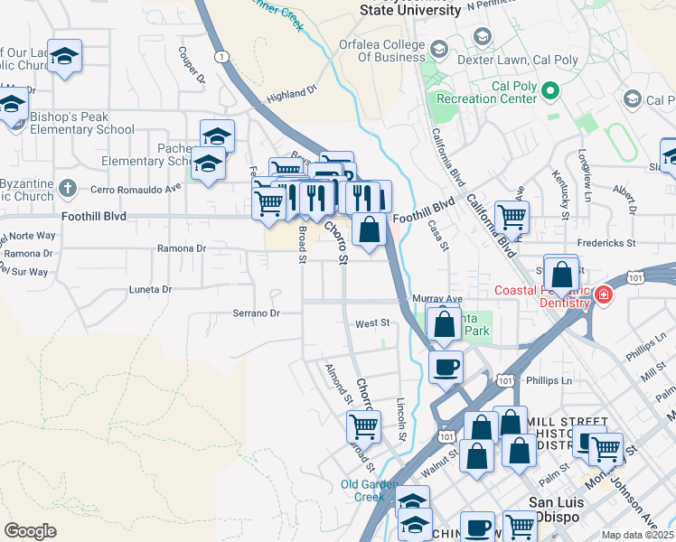 map of restaurants, bars, coffee shops, grocery stores, and more near 60 Benton Way in San Luis Obispo