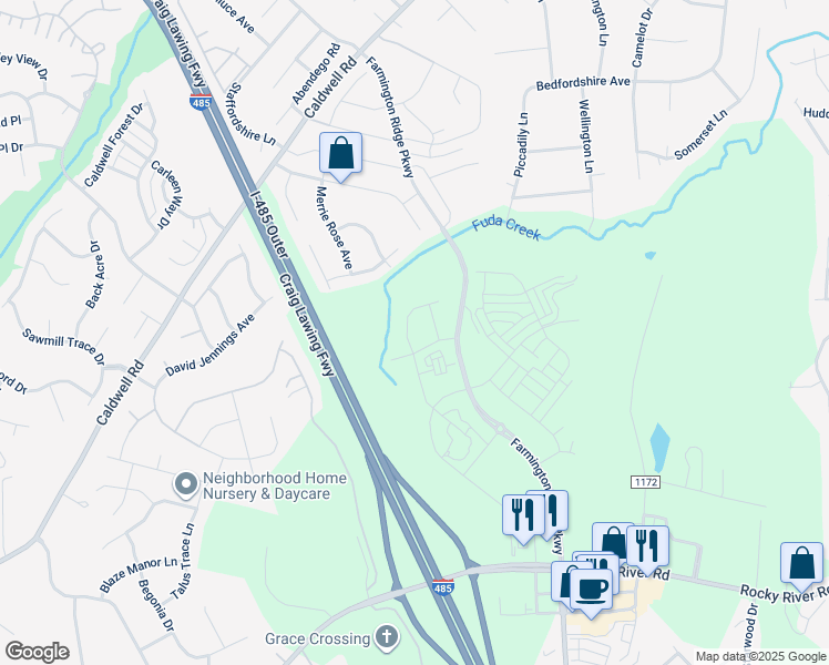 map of restaurants, bars, coffee shops, grocery stores, and more near 5208 Hawkins Meadow Court in Charlotte