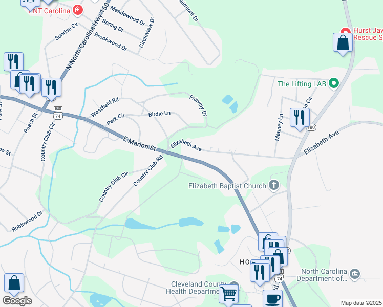 map of restaurants, bars, coffee shops, grocery stores, and more near 1425 East Marion Street in Shelby