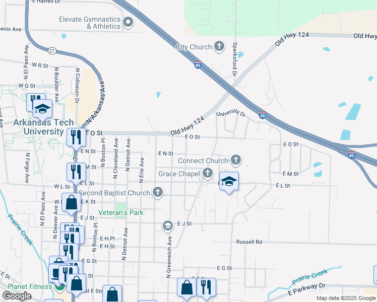 map of restaurants, bars, coffee shops, grocery stores, and more near 709 East N Street in Russellville