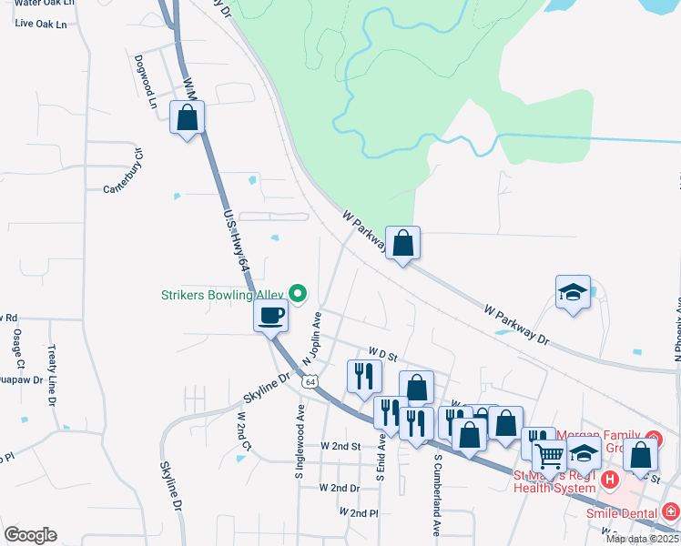 map of restaurants, bars, coffee shops, grocery stores, and more near 408 North Joplin Place in Russellville