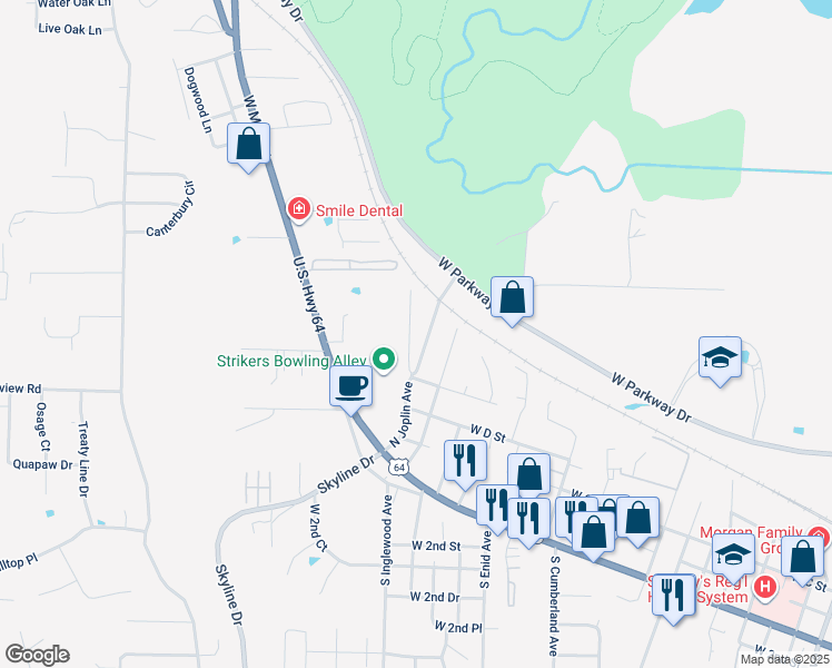 map of restaurants, bars, coffee shops, grocery stores, and more near 408 North Joplin Place in Russellville