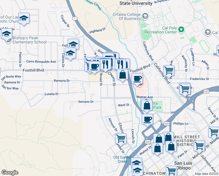map of restaurants, bars, coffee shops, grocery stores, and more near 60 Benton Way in San Luis Obispo