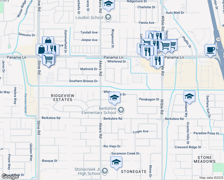 map of restaurants, bars, coffee shops, grocery stores, and more near 3924 White Sands Drive in Bakersfield