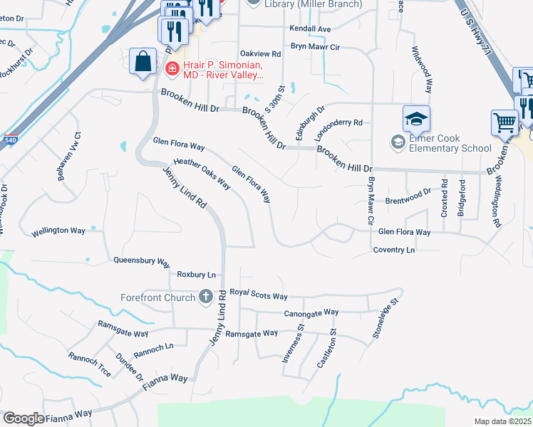 map of restaurants, bars, coffee shops, grocery stores, and more near 3024 Glen Flora Way in Fort Smith