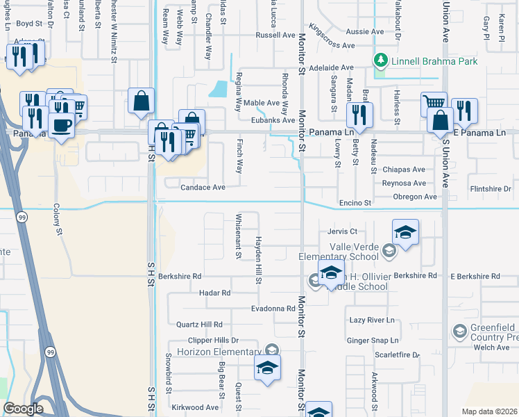 map of restaurants, bars, coffee shops, grocery stores, and more near 1200 Balasis Place in Bakersfield