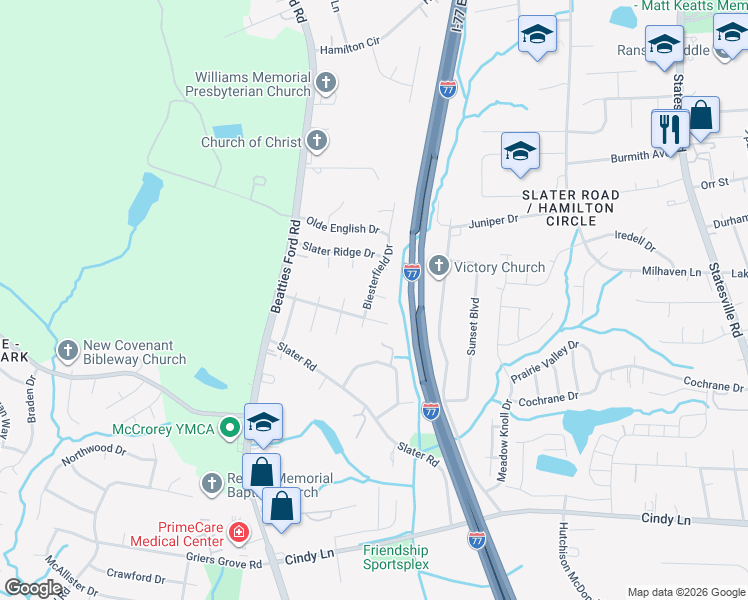 map of restaurants, bars, coffee shops, grocery stores, and more near 2004 Helen Harper Court in Charlotte