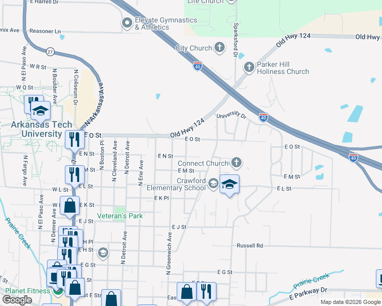 map of restaurants, bars, coffee shops, grocery stores, and more near 1401 North Parker Road in Russellville