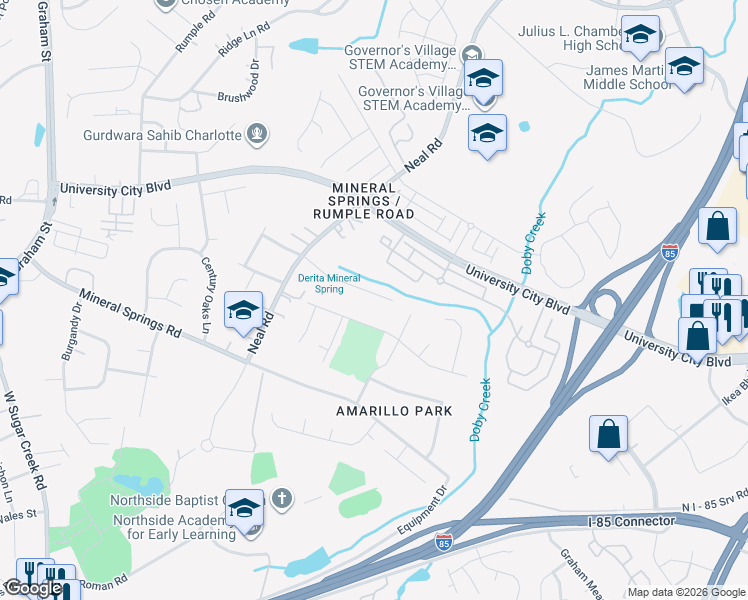 map of restaurants, bars, coffee shops, grocery stores, and more near 1123 Well Spring Drive in Charlotte