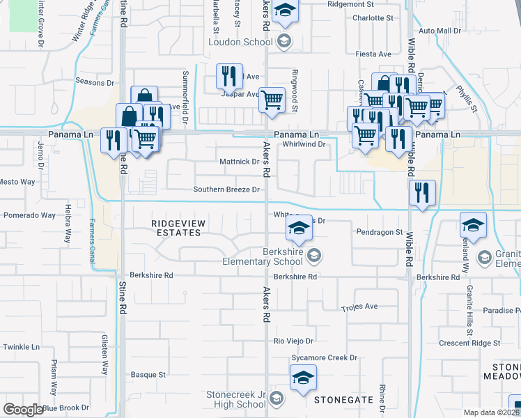 map of restaurants, bars, coffee shops, grocery stores, and more near 6906 Akers Road in Bakersfield