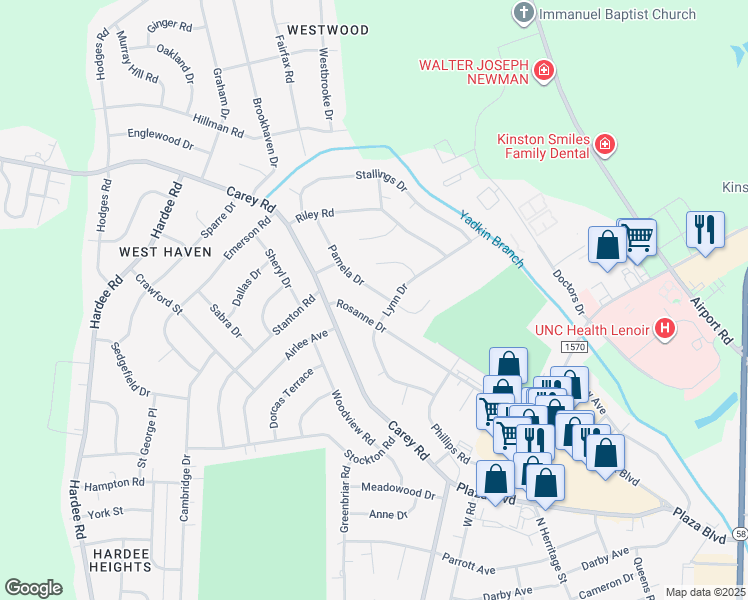 map of restaurants, bars, coffee shops, grocery stores, and more near 1004 Pamela Dr in Kinston
