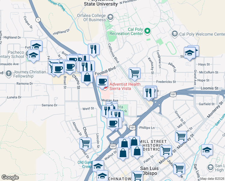 map of restaurants, bars, coffee shops, grocery stores, and more near 128 Casa Street in San Luis Obispo