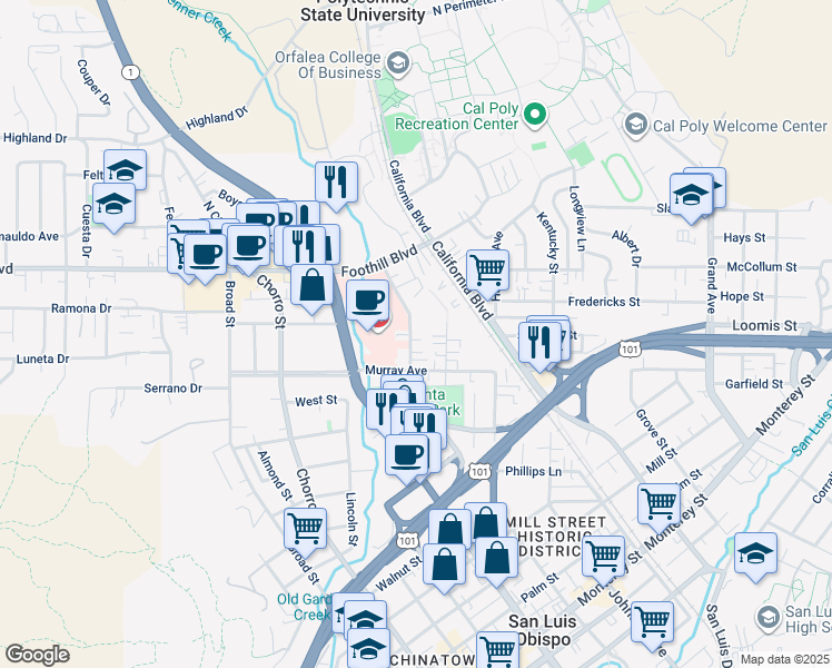 map of restaurants, bars, coffee shops, grocery stores, and more near 128 Casa Street in San Luis Obispo