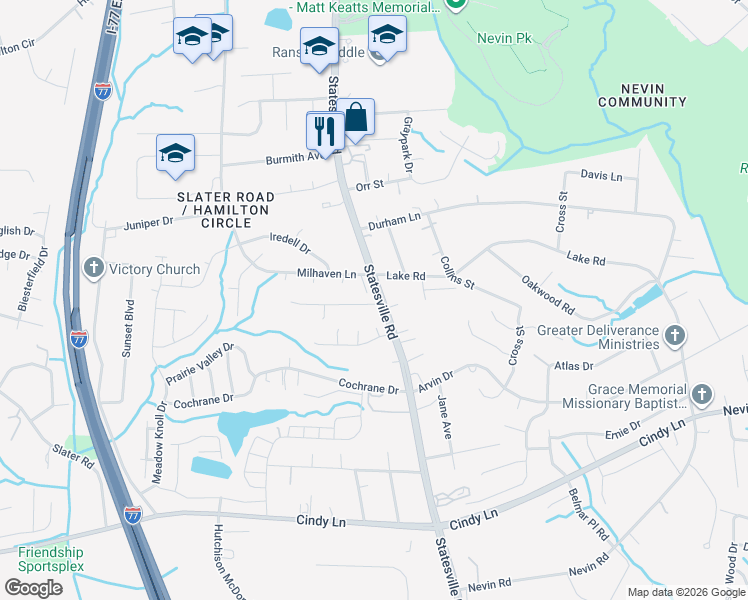 map of restaurants, bars, coffee shops, grocery stores, and more near 4410 Esmeralda Drive in Charlotte