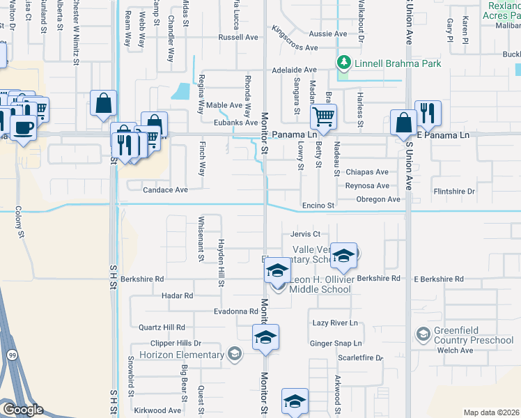 map of restaurants, bars, coffee shops, grocery stores, and more near 6902 Monitor Street in Bakersfield