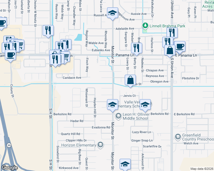 map of restaurants, bars, coffee shops, grocery stores, and more near 916 Arnott Court in Bakersfield