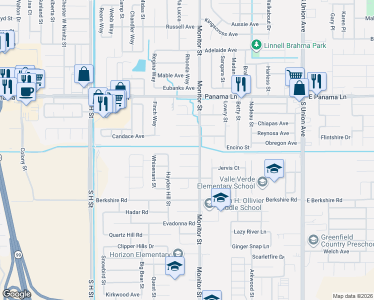 map of restaurants, bars, coffee shops, grocery stores, and more near 916 Arnott Court in Bakersfield