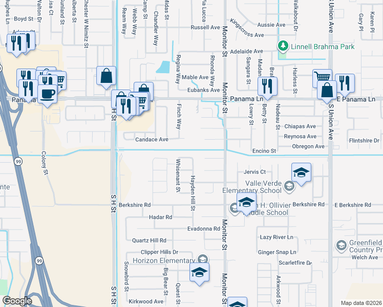 map of restaurants, bars, coffee shops, grocery stores, and more near 1200 Balasis Place in Bakersfield
