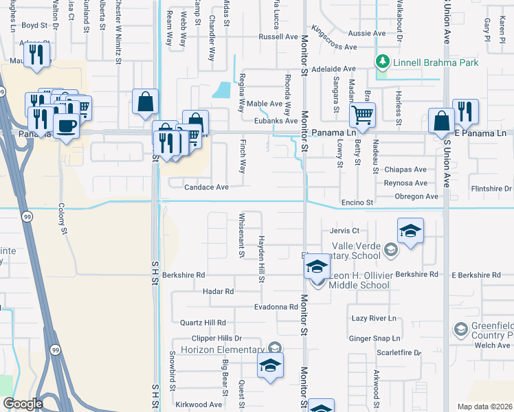 map of restaurants, bars, coffee shops, grocery stores, and more near 1200 Balasis Place in Bakersfield