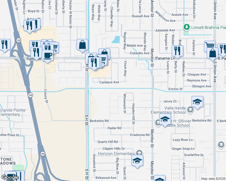 map of restaurants, bars, coffee shops, grocery stores, and more near 1313-1317 Candace Avenue in Bakersfield