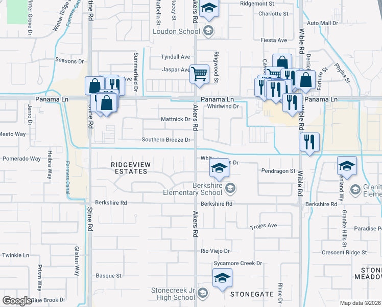map of restaurants, bars, coffee shops, grocery stores, and more near 6906 Akers Road in Bakersfield