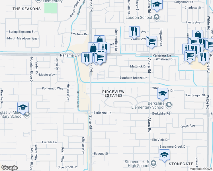 map of restaurants, bars, coffee shops, grocery stores, and more near 6911 Lemon Court in Bakersfield