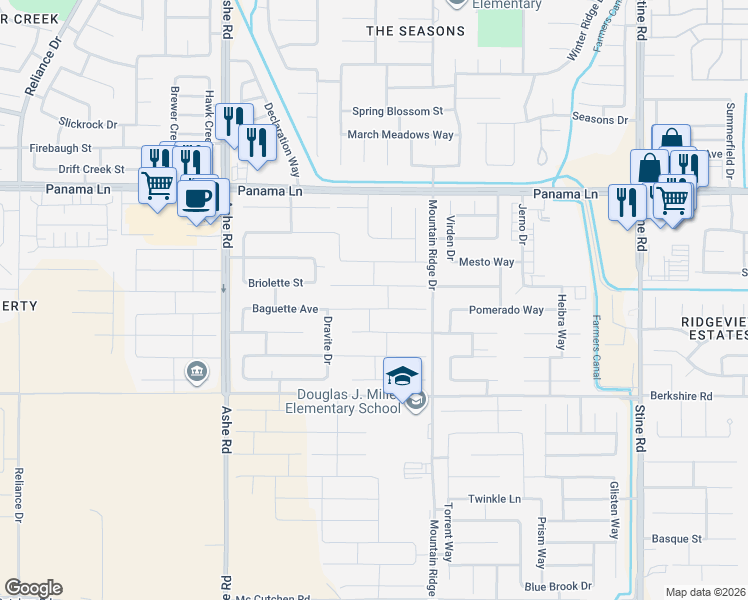 map of restaurants, bars, coffee shops, grocery stores, and more near 5903 Baguette Avenue in Bakersfield