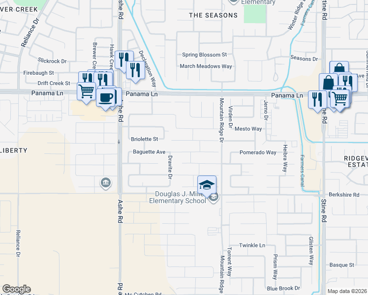 map of restaurants, bars, coffee shops, grocery stores, and more near 5903 Baguette Avenue in Bakersfield