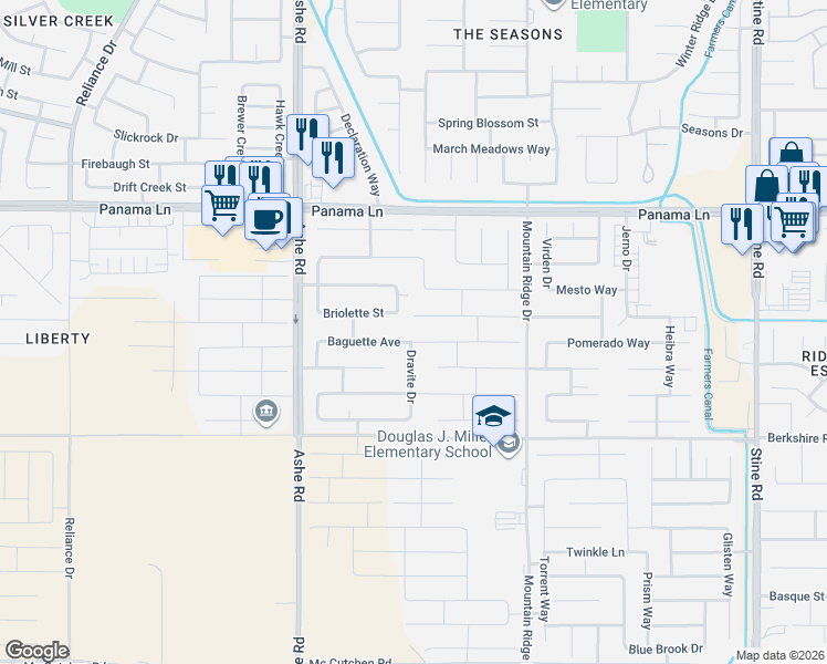 map of restaurants, bars, coffee shops, grocery stores, and more near 6030 Baguette Avenue in Bakersfield