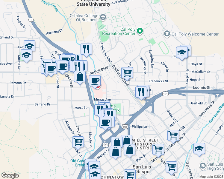 map of restaurants, bars, coffee shops, grocery stores, and more near 128 Casa Street in San Luis Obispo