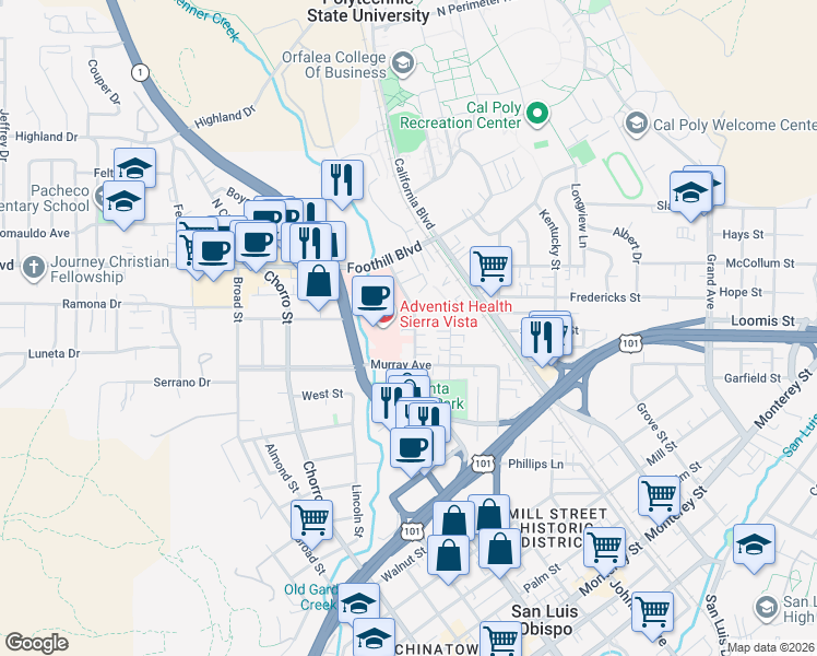 map of restaurants, bars, coffee shops, grocery stores, and more near 128 Casa Street in San Luis Obispo