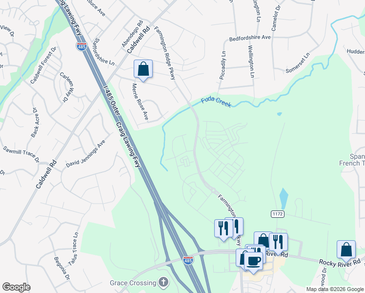 map of restaurants, bars, coffee shops, grocery stores, and more near 5208 Hawkins Meadow Court in Charlotte