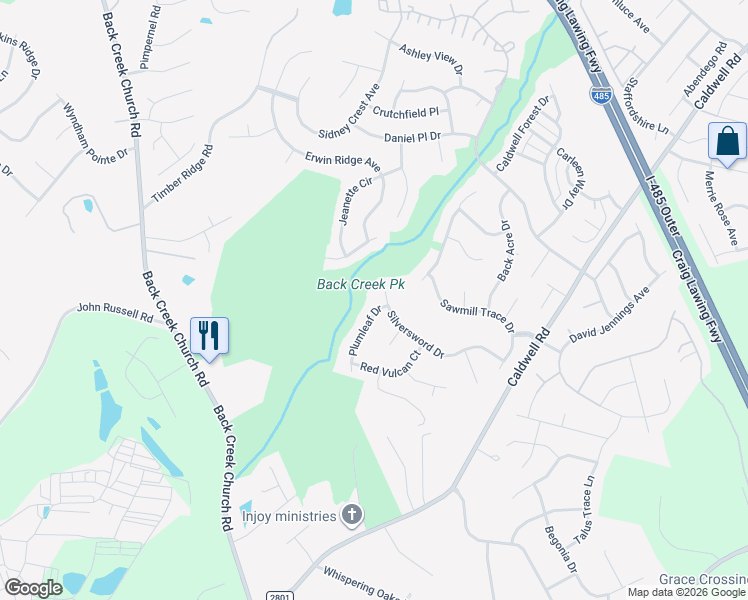 map of restaurants, bars, coffee shops, grocery stores, and more near 12941 Plumleaf Drive in Charlotte