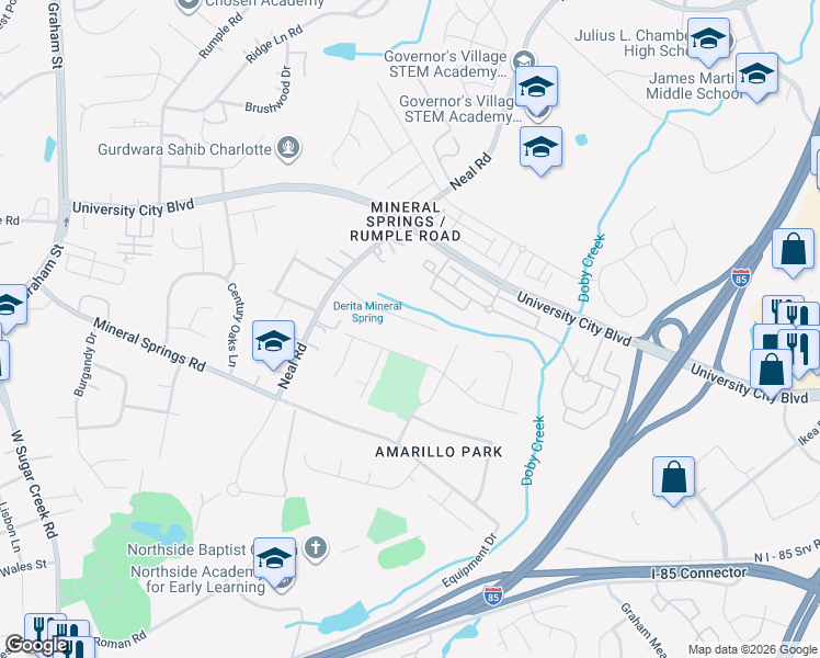 map of restaurants, bars, coffee shops, grocery stores, and more near 1123 Well Spring Drive in Charlotte