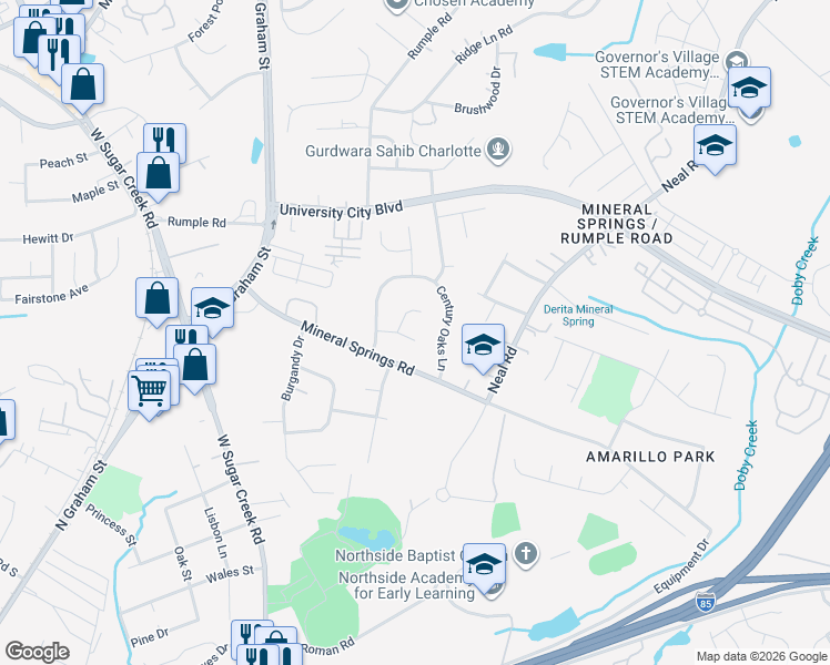 map of restaurants, bars, coffee shops, grocery stores, and more near 1525 Fallen Tree Court in Charlotte