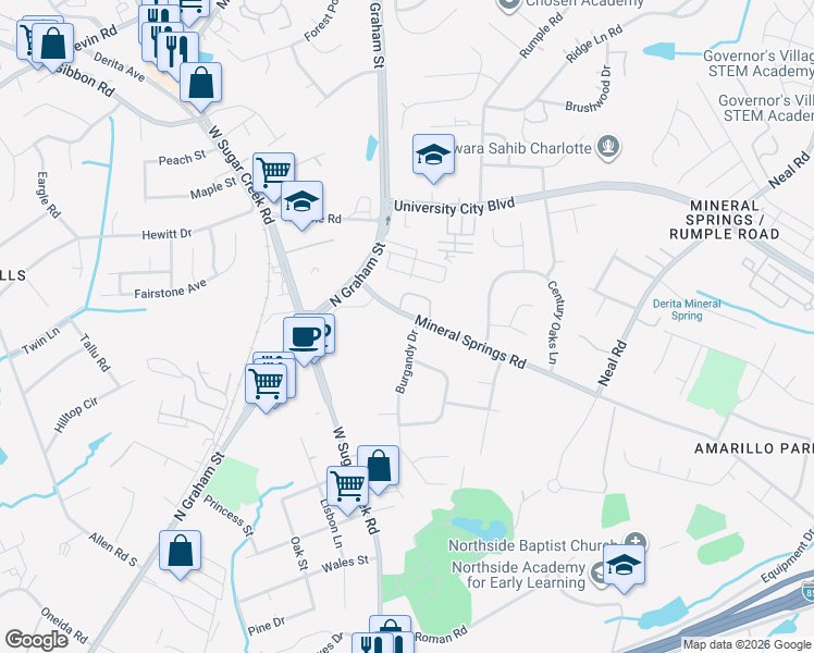 map of restaurants, bars, coffee shops, grocery stores, and more near 1811 Mineral Springs Road in Charlotte