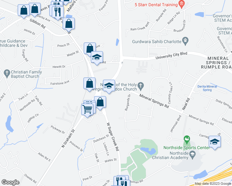 map of restaurants, bars, coffee shops, grocery stores, and more near 2022 West Sugar Creek Road in Charlotte