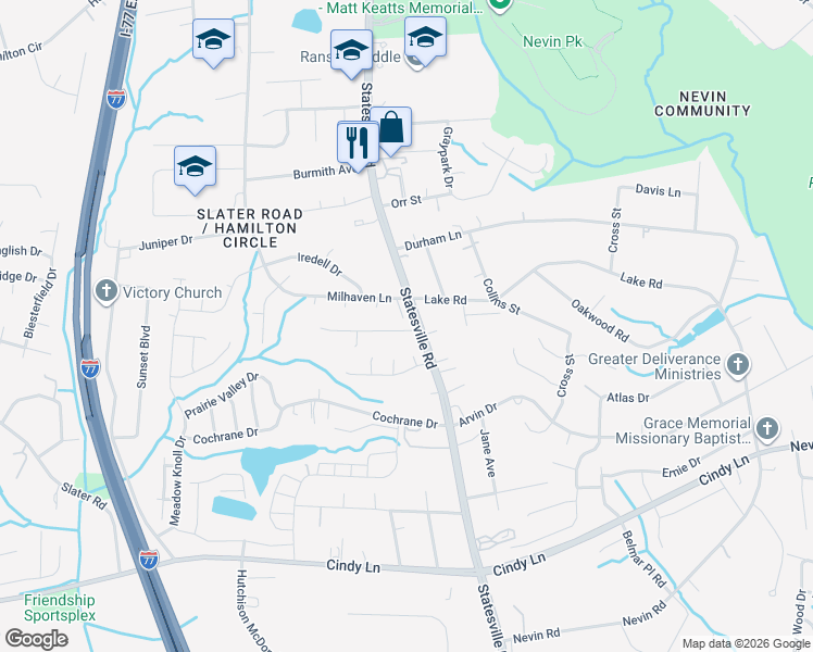 map of restaurants, bars, coffee shops, grocery stores, and more near 4410 Esmeralda Drive in Charlotte