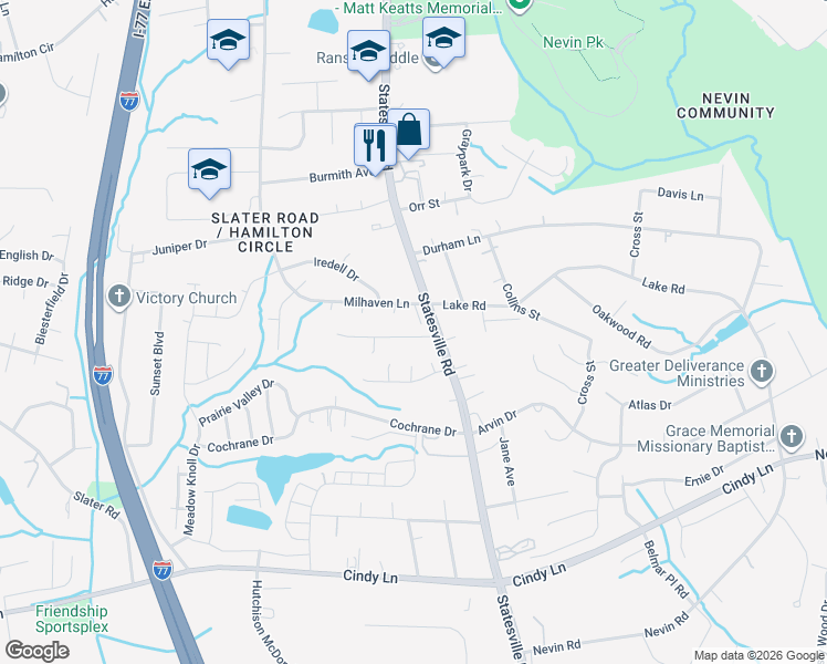 map of restaurants, bars, coffee shops, grocery stores, and more near 4506 Esmeralda Drive in Charlotte
