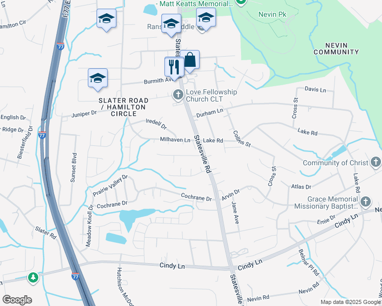 map of restaurants, bars, coffee shops, grocery stores, and more near 4506 Esmeralda Drive in Charlotte