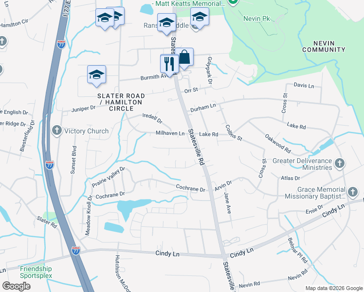 map of restaurants, bars, coffee shops, grocery stores, and more near 4506 Esmeralda Drive in Charlotte