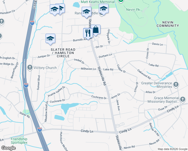 map of restaurants, bars, coffee shops, grocery stores, and more near 4506 Esmeralda Drive in Charlotte