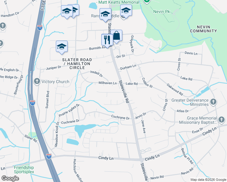 map of restaurants, bars, coffee shops, grocery stores, and more near 4506 Esmeralda Drive in Charlotte