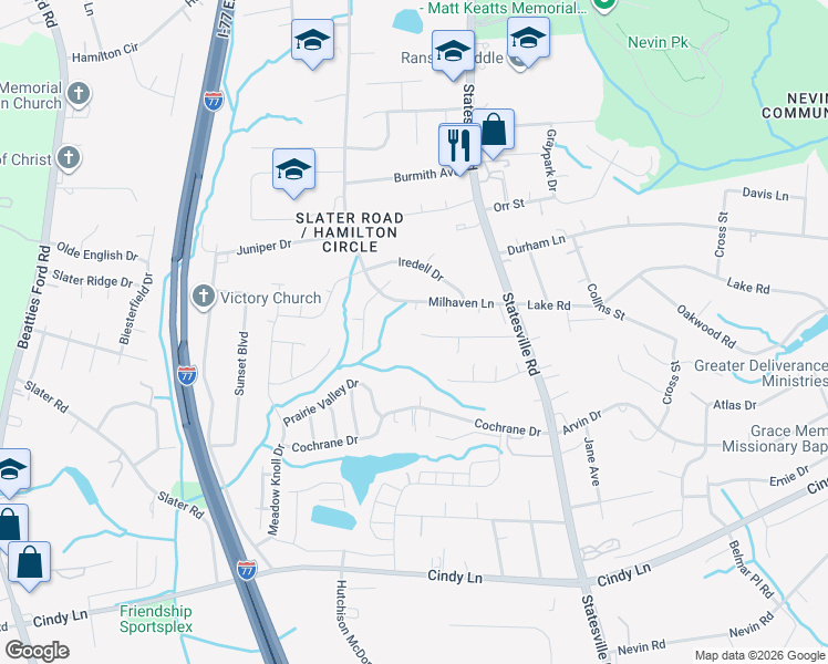 map of restaurants, bars, coffee shops, grocery stores, and more near 4650 Esmeralda Drive in Charlotte