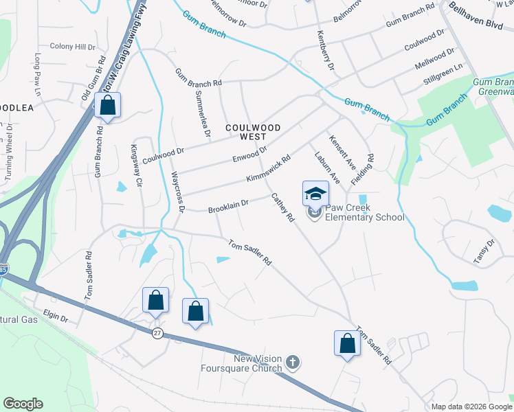 map of restaurants, bars, coffee shops, grocery stores, and more near 129 Brooklain Drive in Charlotte