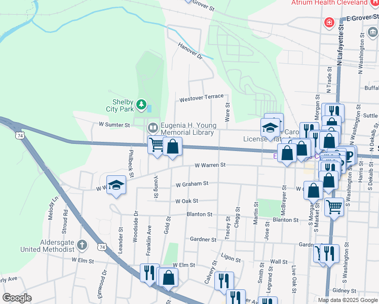 map of restaurants, bars, coffee shops, grocery stores, and more near 723 West Marion Street in Shelby