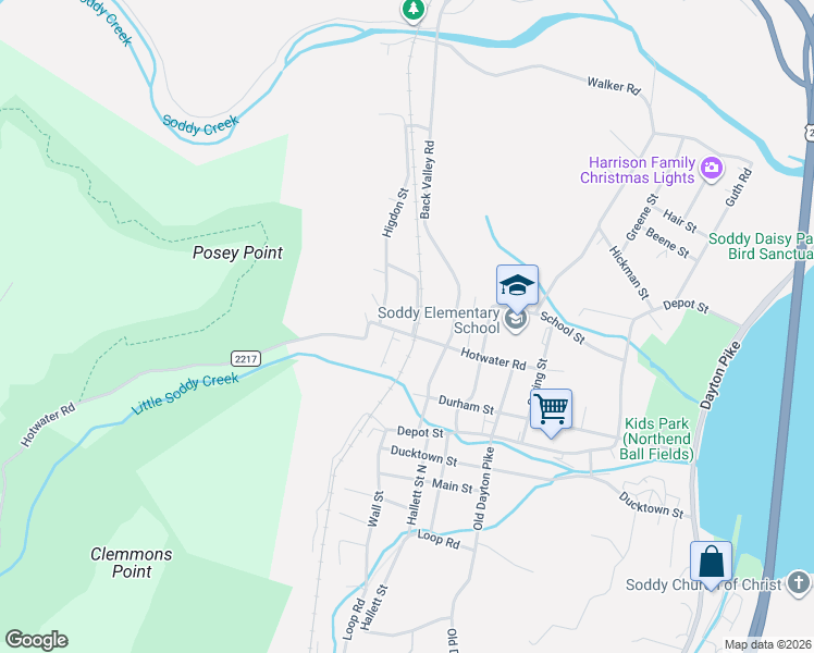 map of restaurants, bars, coffee shops, grocery stores, and more near 407 Hotwater Road in Soddy-Daisy