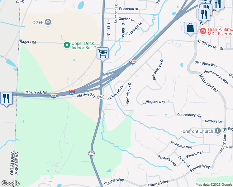 map of restaurants, bars, coffee shops, grocery stores, and more near 1408 Brooken Hill Drive in Fort Smith